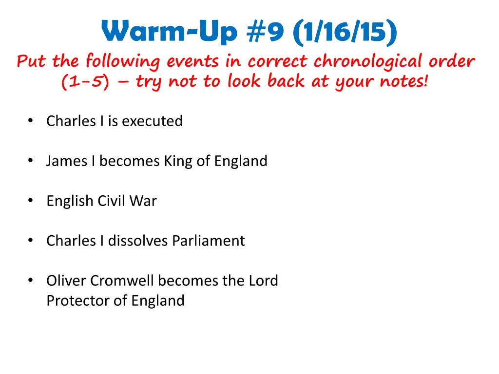 warm up 9 1 16 15 put the following events