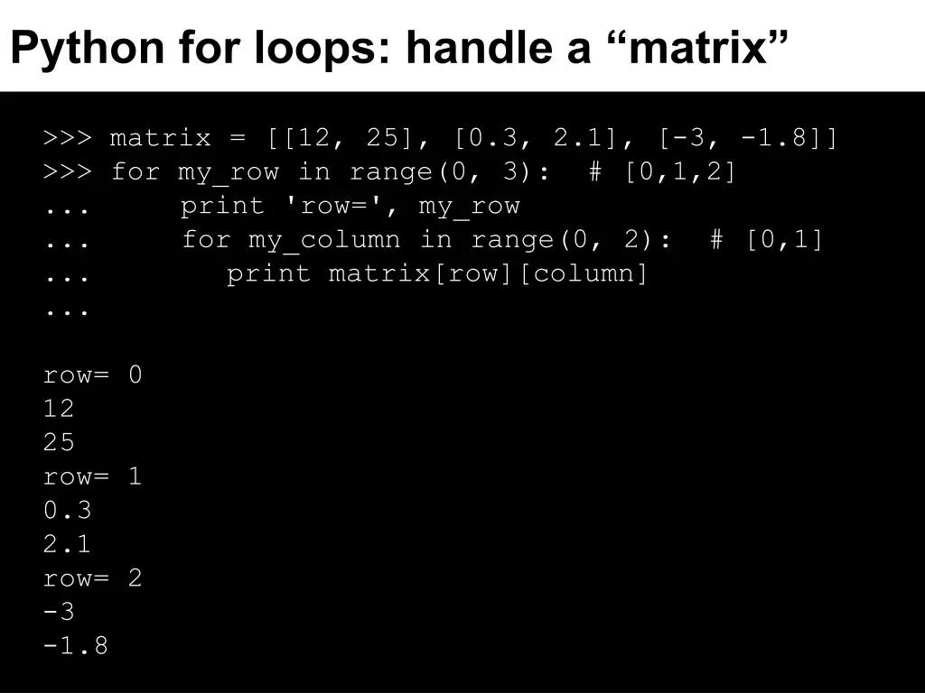 python for loops handle a matrix 1