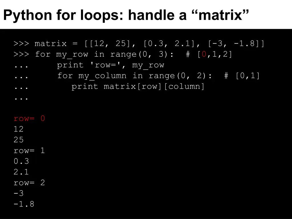 python for loops handle a matrix 2