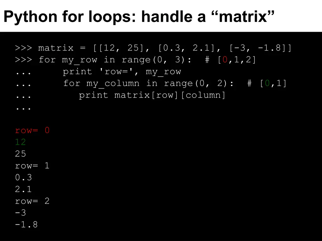 python for loops handle a matrix 3