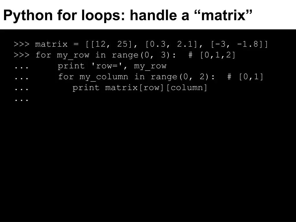 python for loops handle a matrix