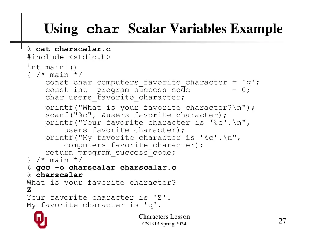 using char scalar variables example