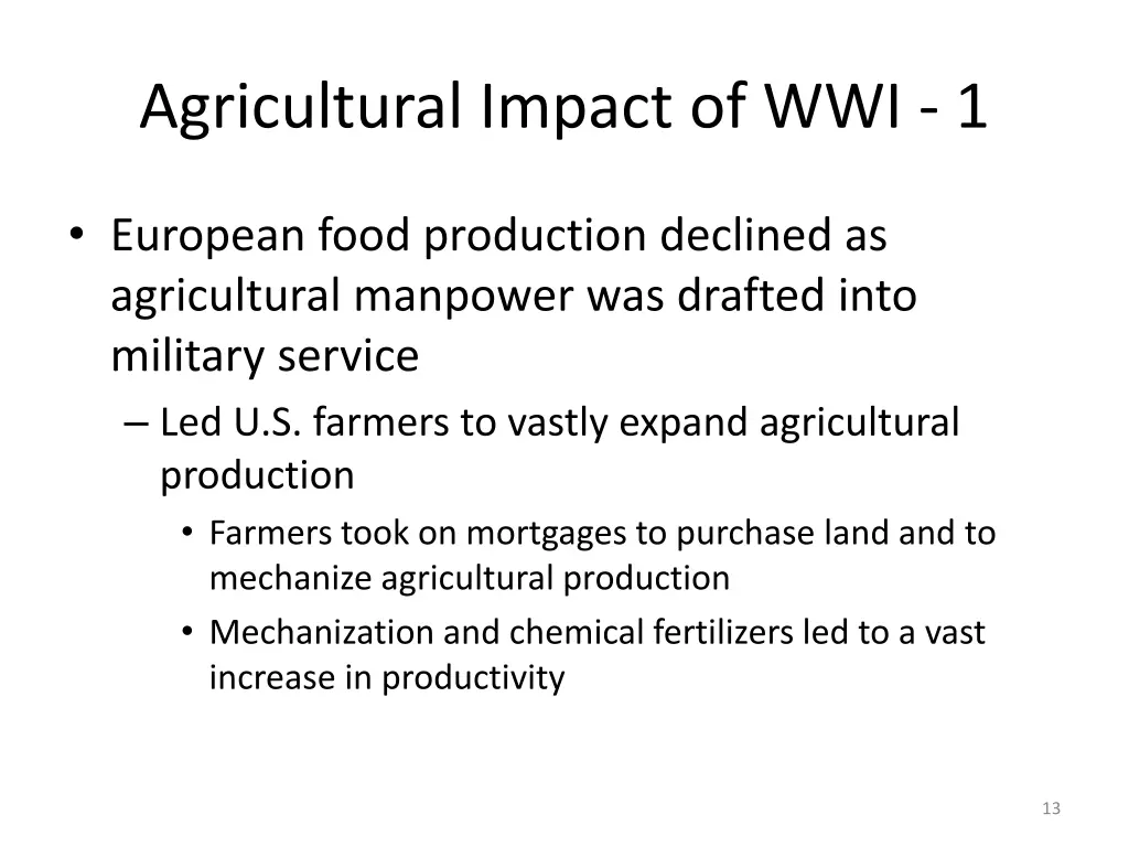 agricultural impact of wwi 1