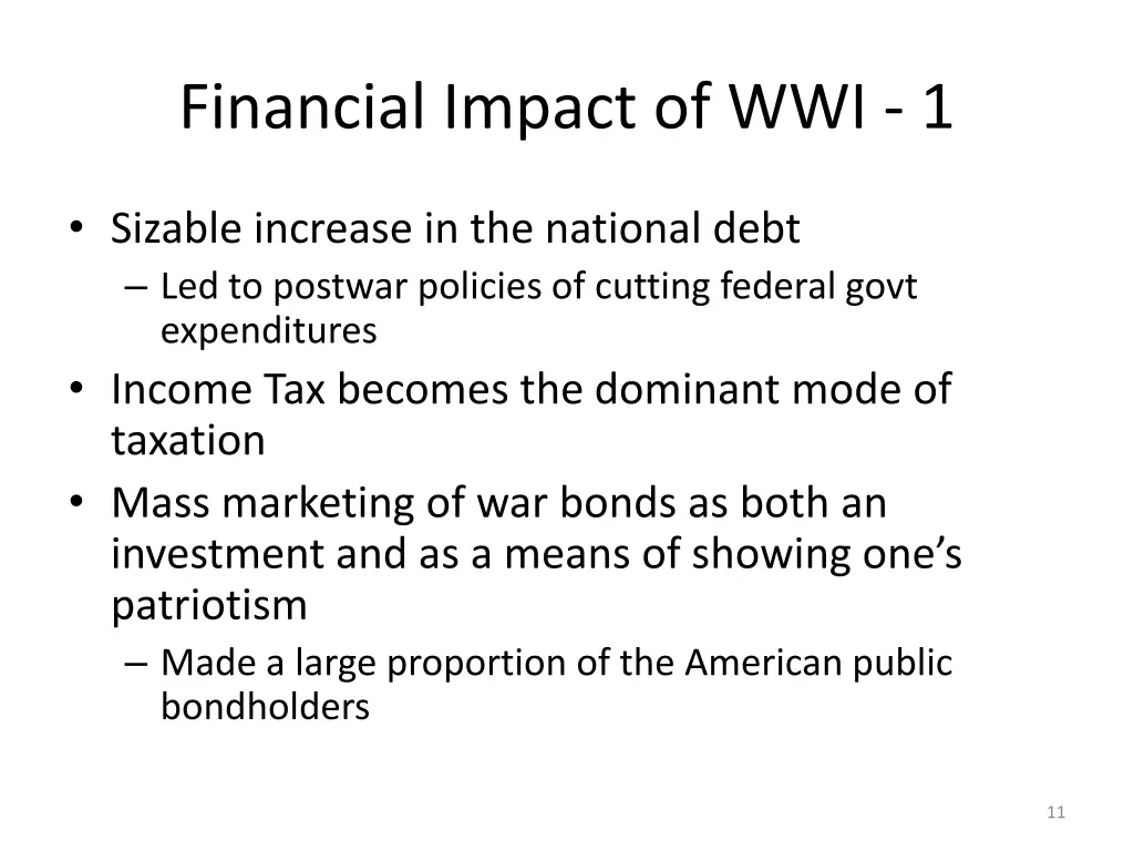 financial impact of wwi 1