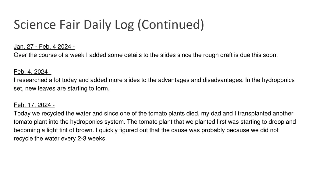 science fair daily log continued 1