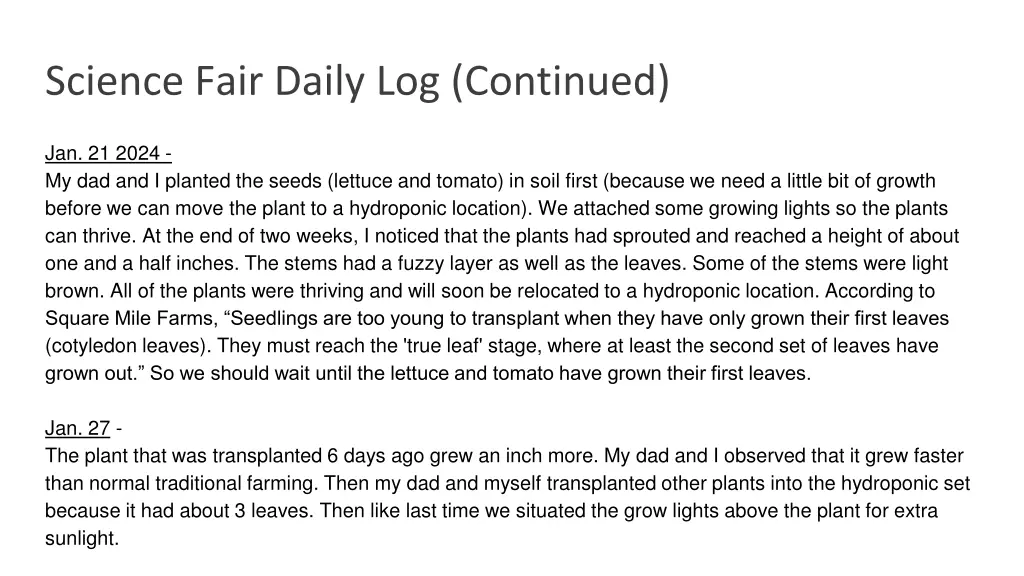 science fair daily log continued