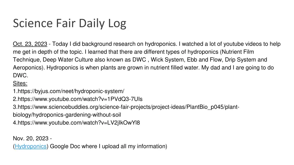 science fair daily log