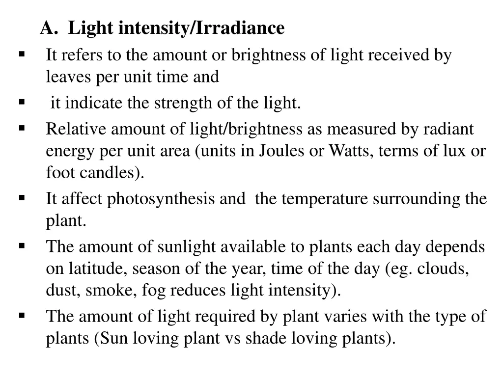 a light intensity irradiance it refers