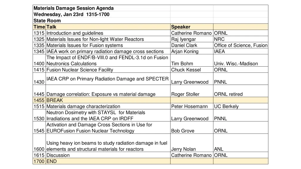 materials damage session agenda wednesday