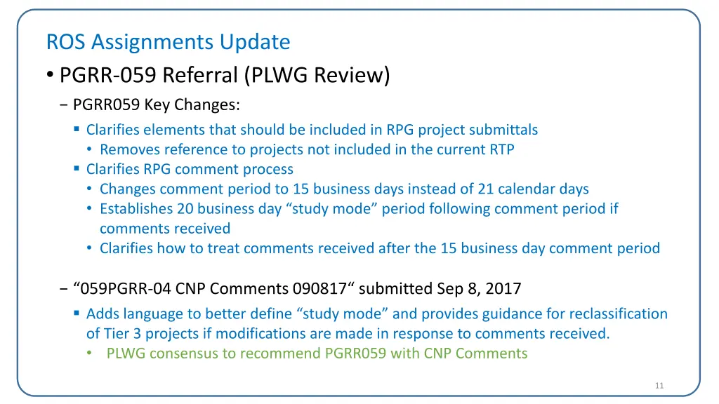 ros assignments update pgrr 059 referral plwg