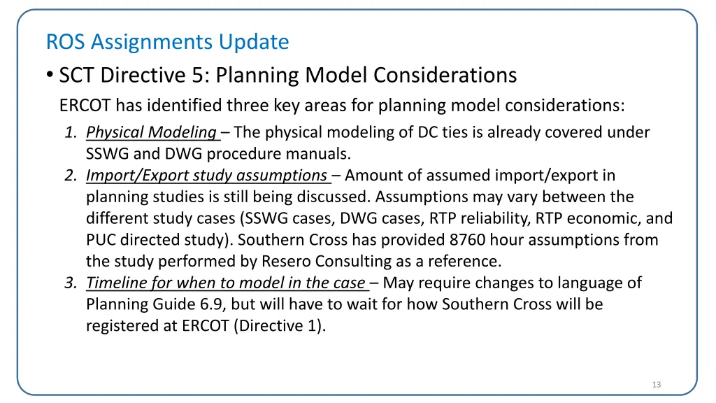 ros assignments update sct directive 5 planning