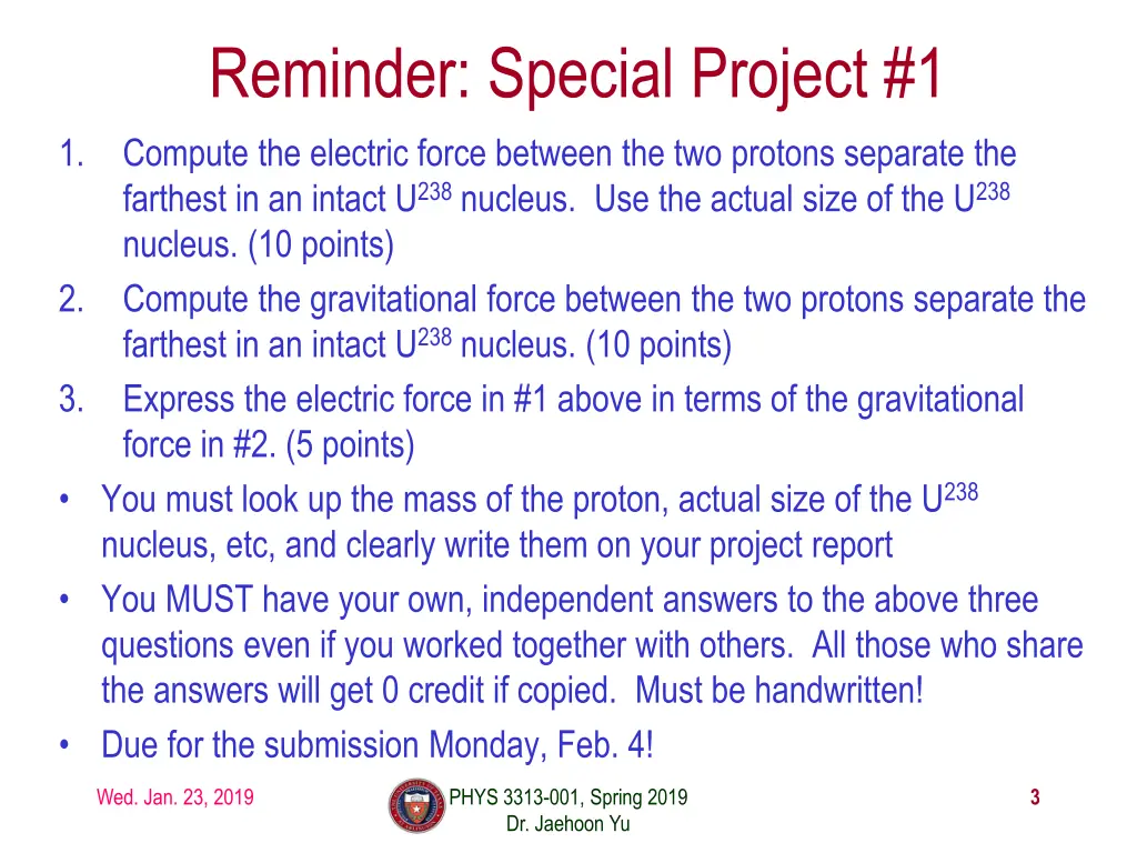 reminder special project 1 compute the electric