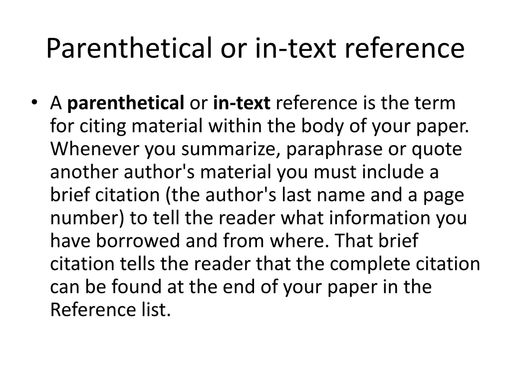 parenthetical or in text reference