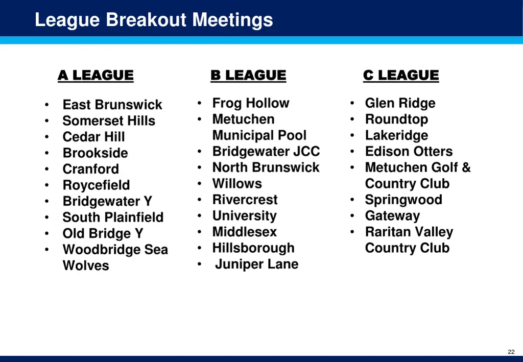 league breakout meetings