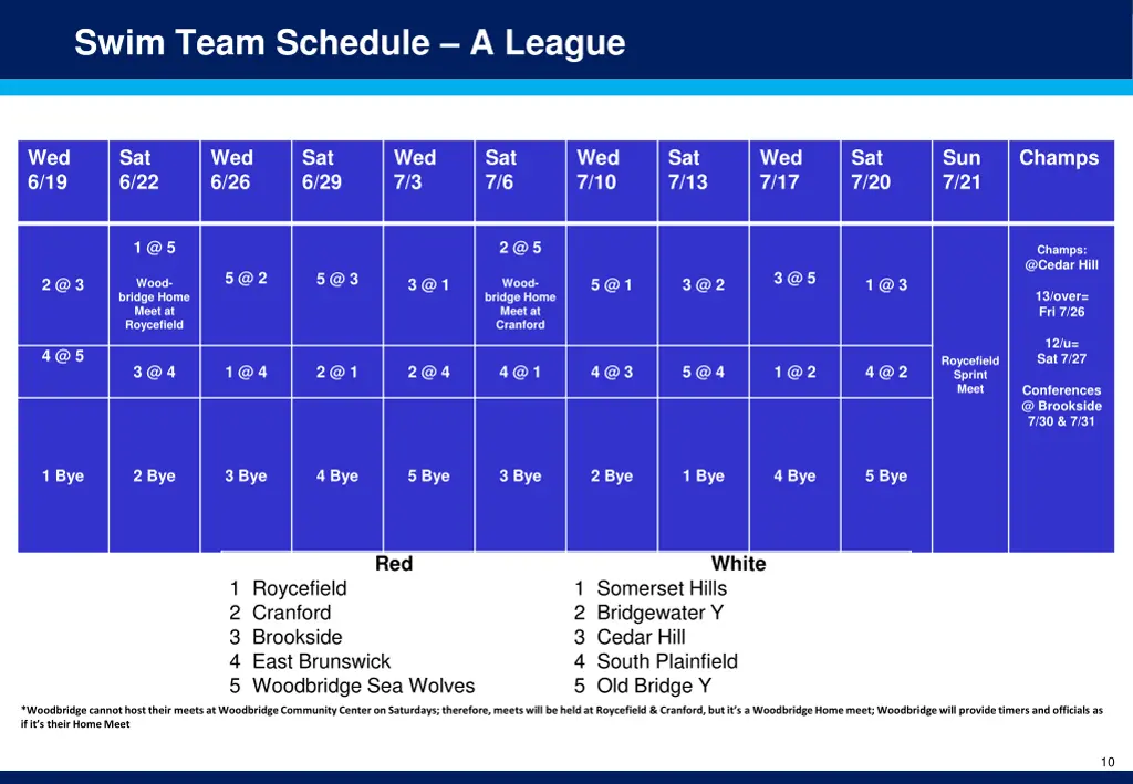 swim team schedule a league