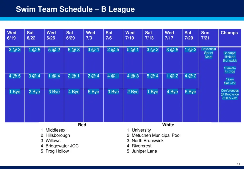 swim team schedule b league