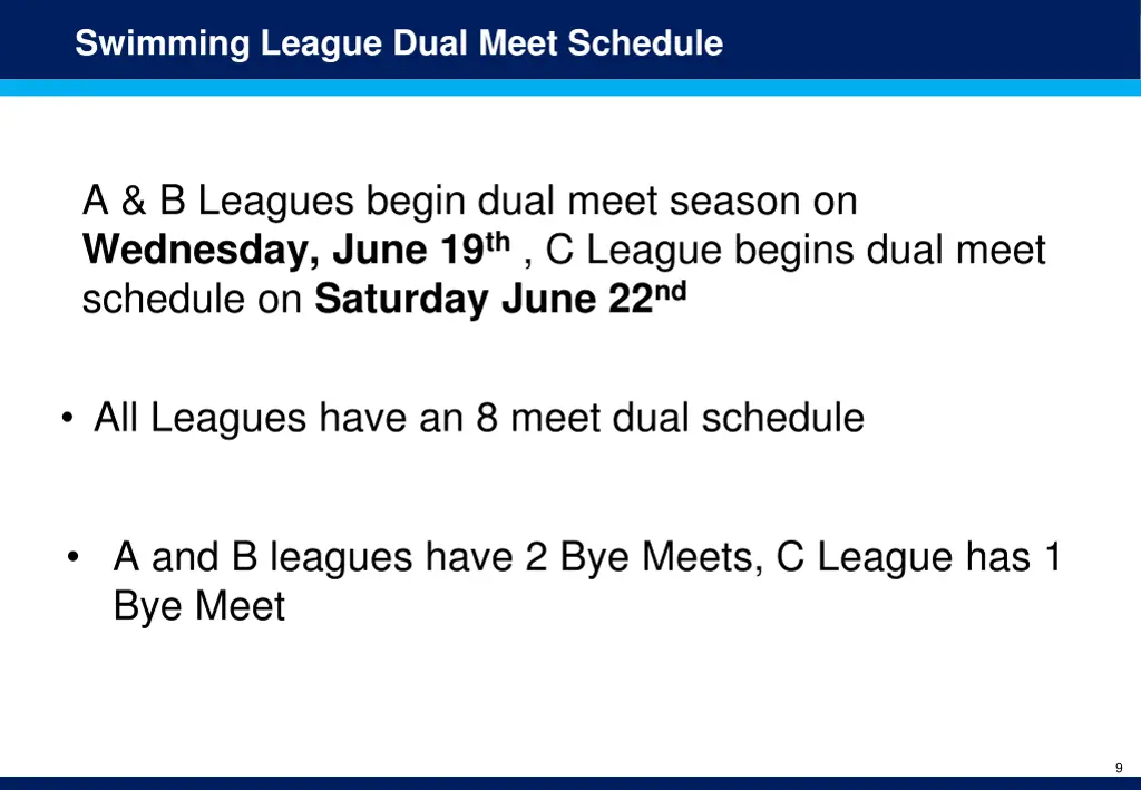 swimming league dual meet schedule