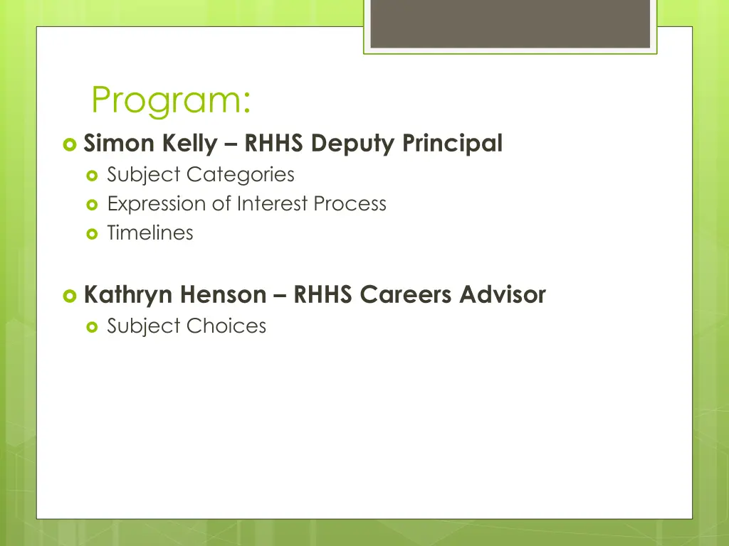 program simon kelly rhhs deputy principal subject