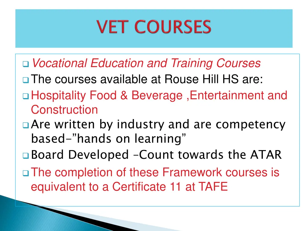 vocational education and training courses