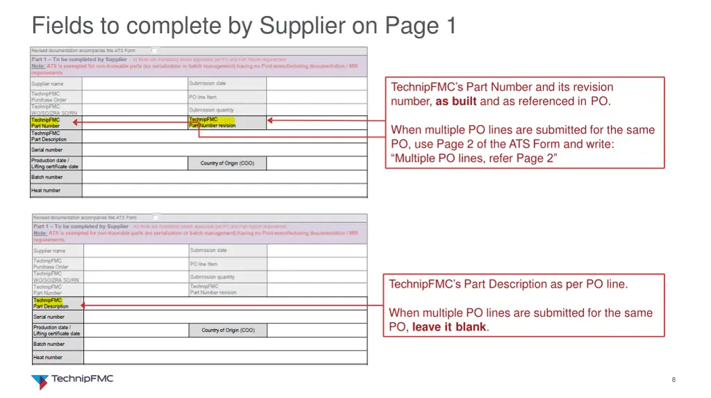 fields to complete by supplier on page 1 2