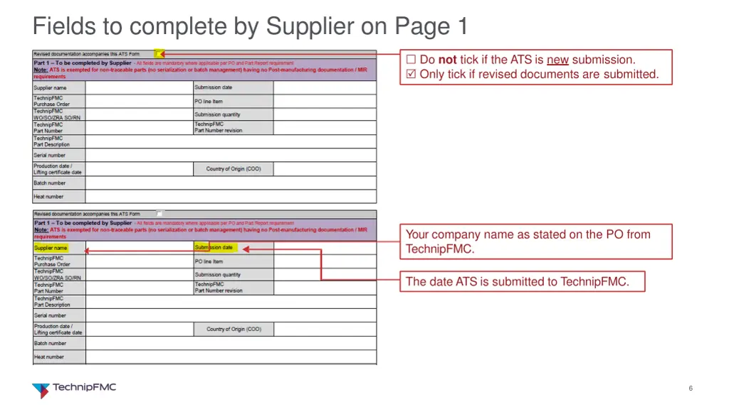 fields to complete by supplier on page 1