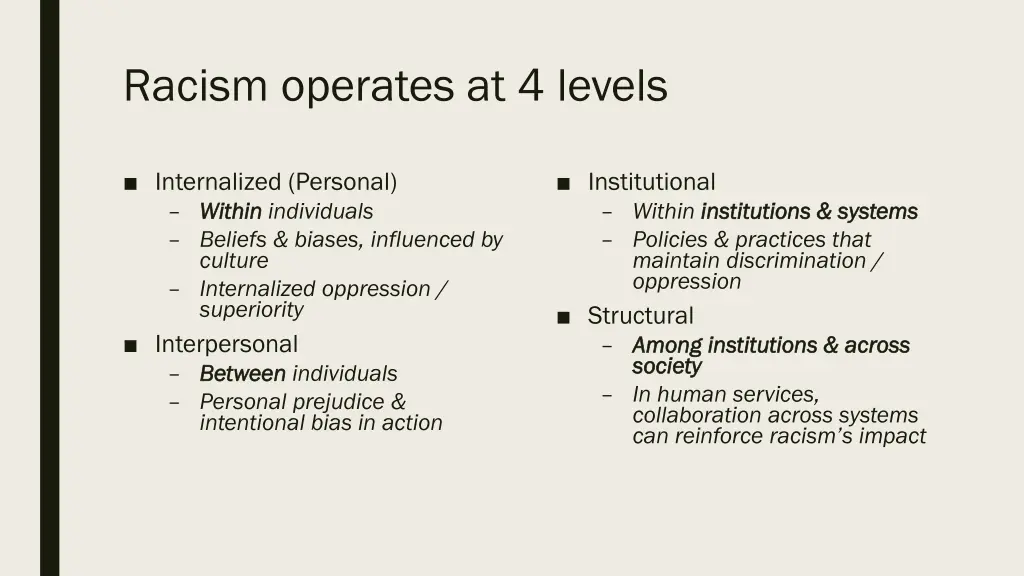 racism operates at 4 levels