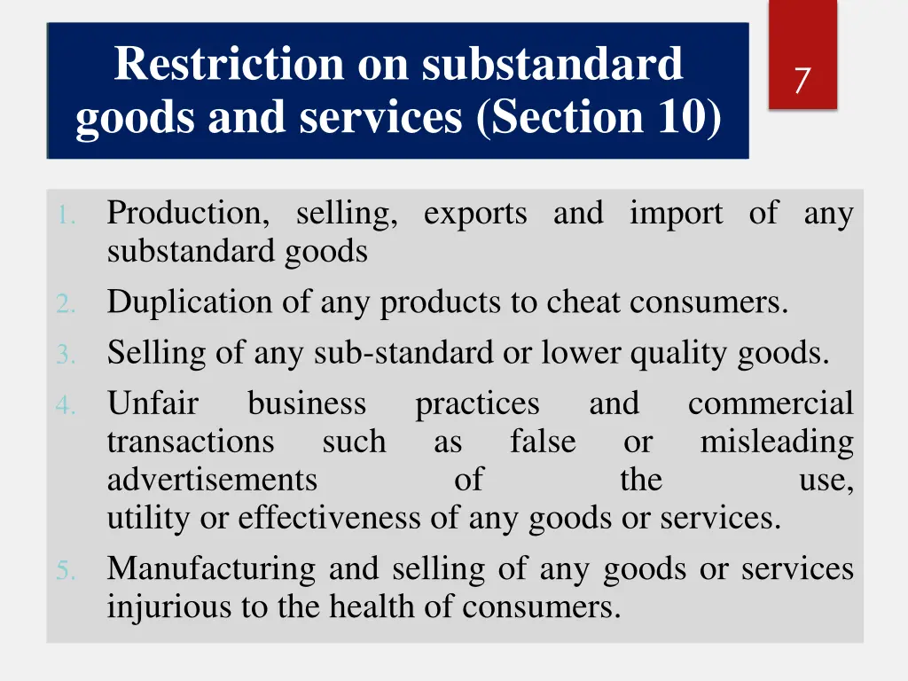 restriction on substandard goods and services