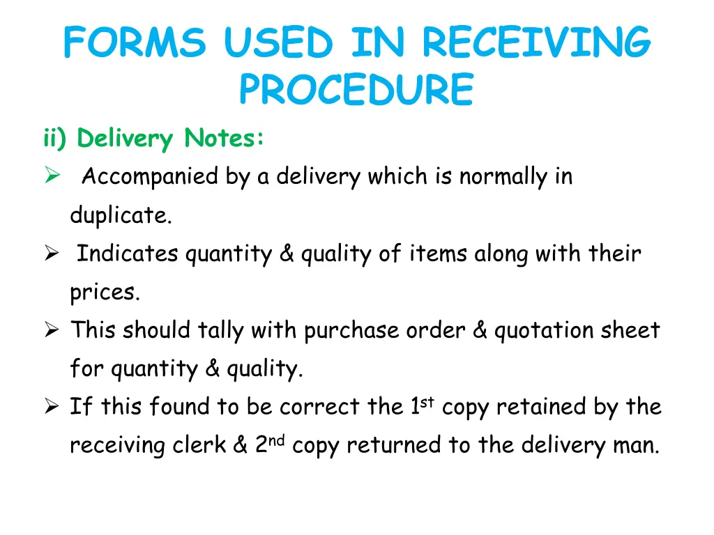 forms used in receiving procedure