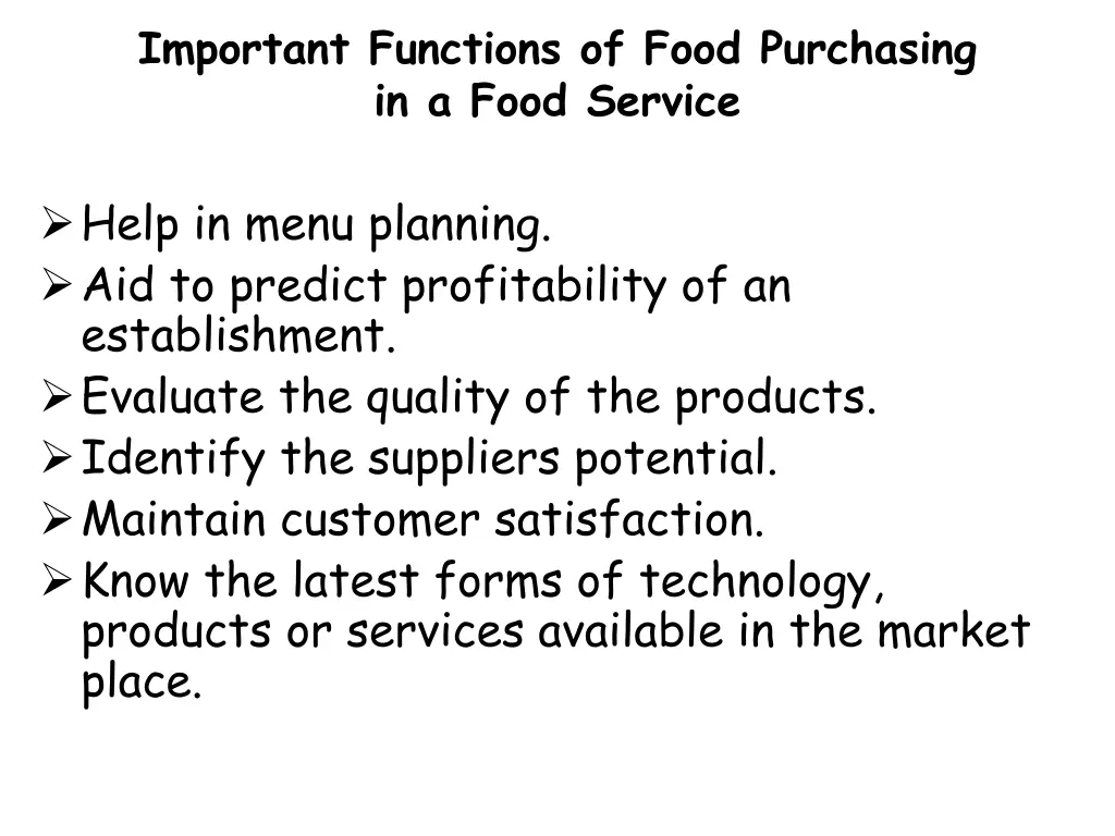 important functions of food purchasing in a food