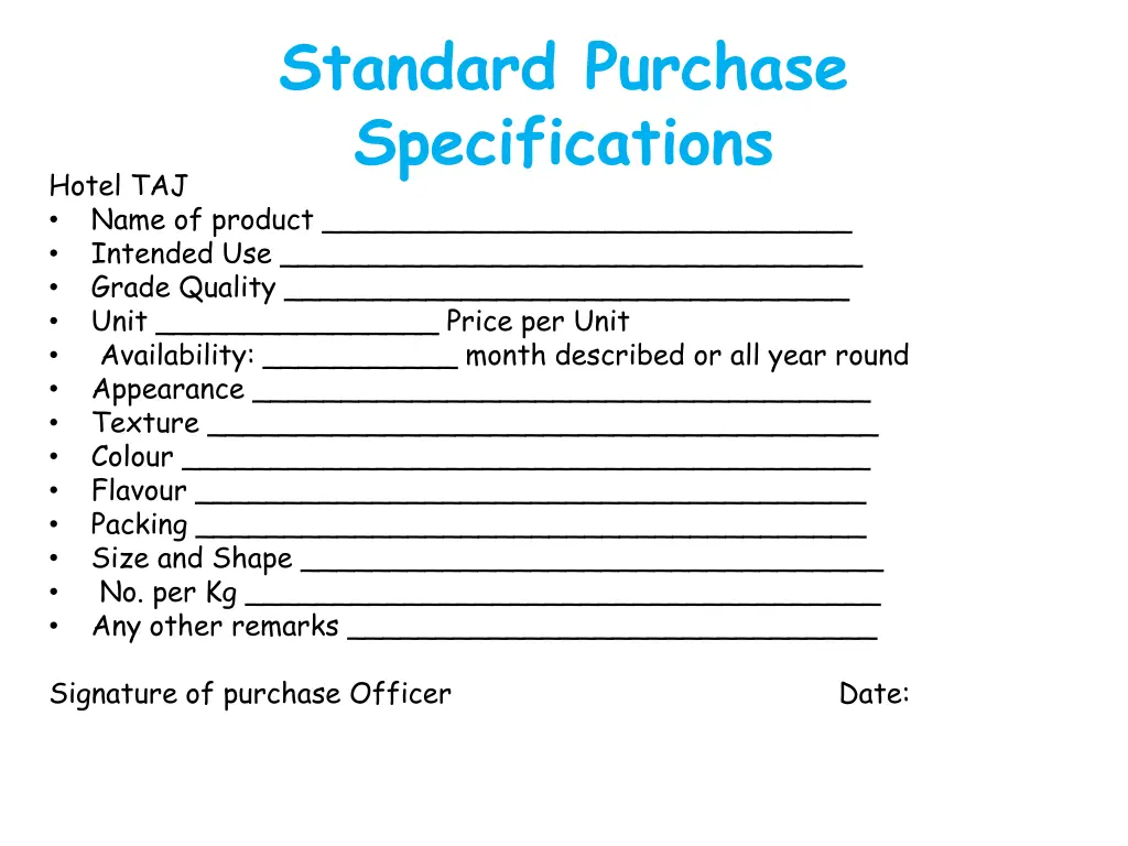 standard purchase specifications