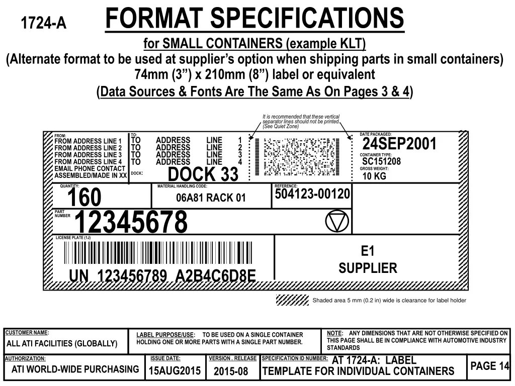 format specifications for small containers