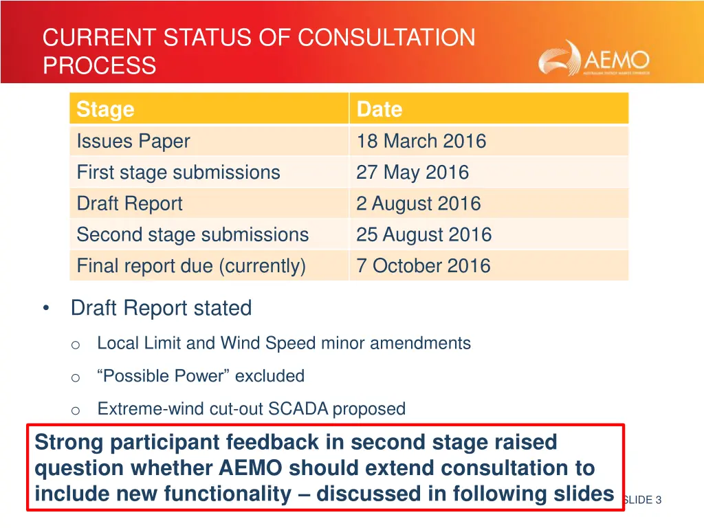 current status of consultation process