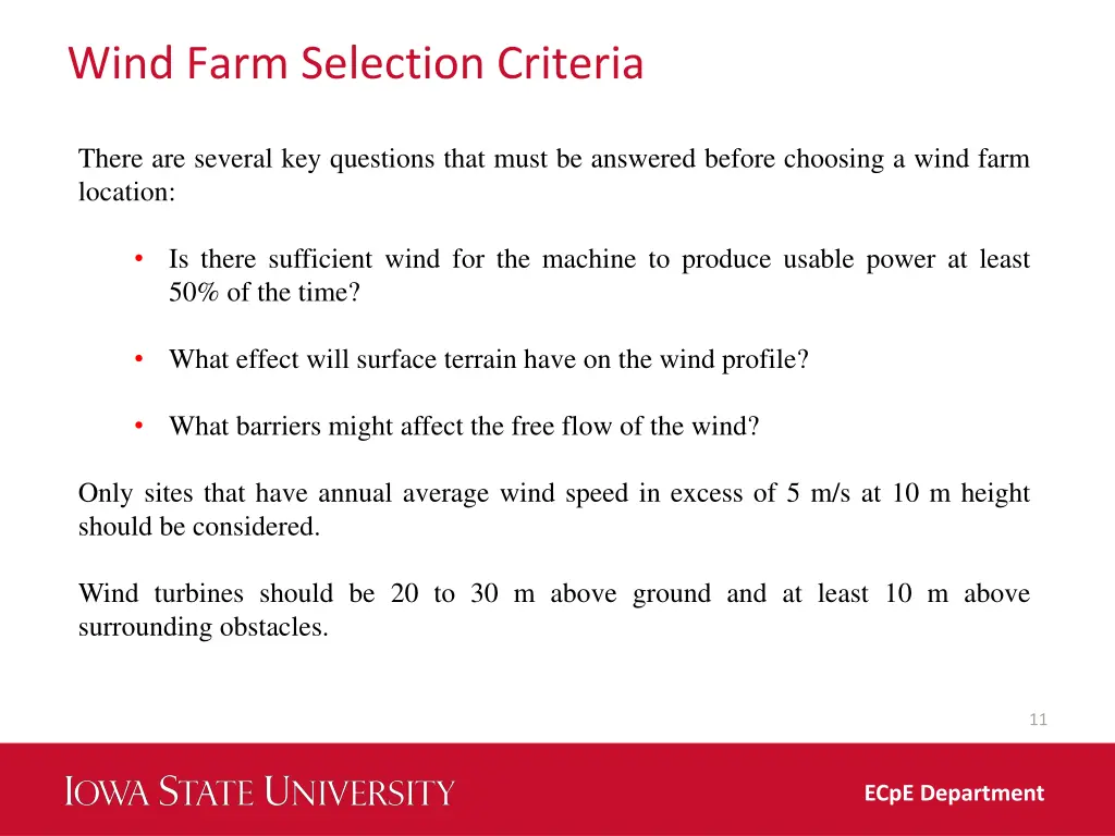 wind farm selection criteria