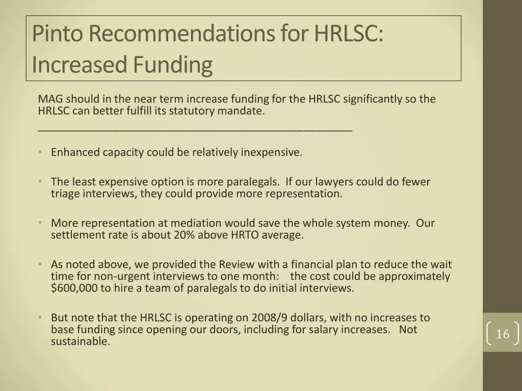 pinto recommendations for hrlsc increased funding