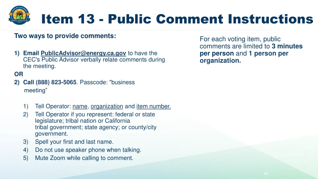 item 13 public comment instructions