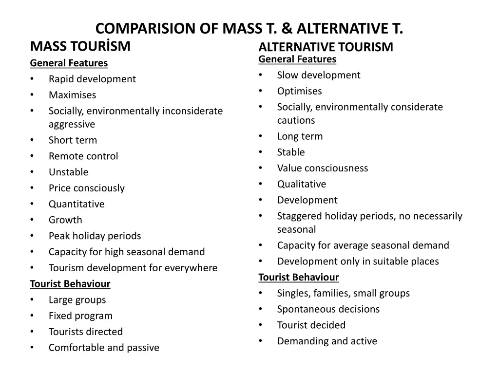 comparision of mass t alternative t mass tour