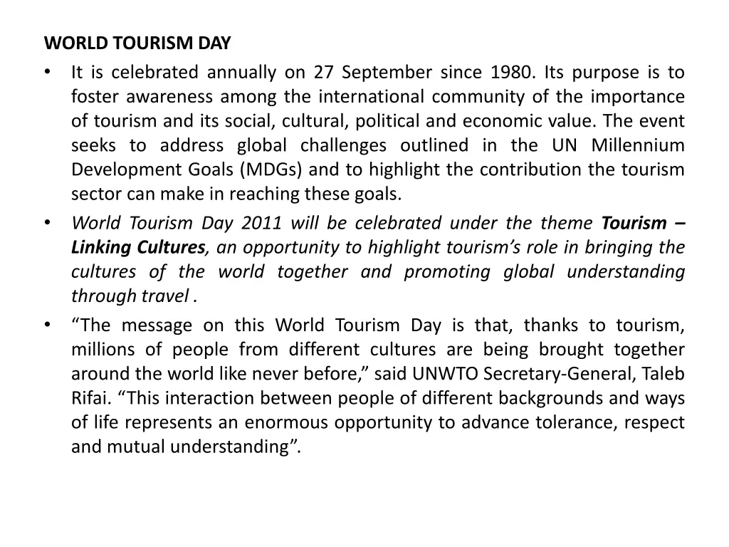 world tourism day it is celebrated annually