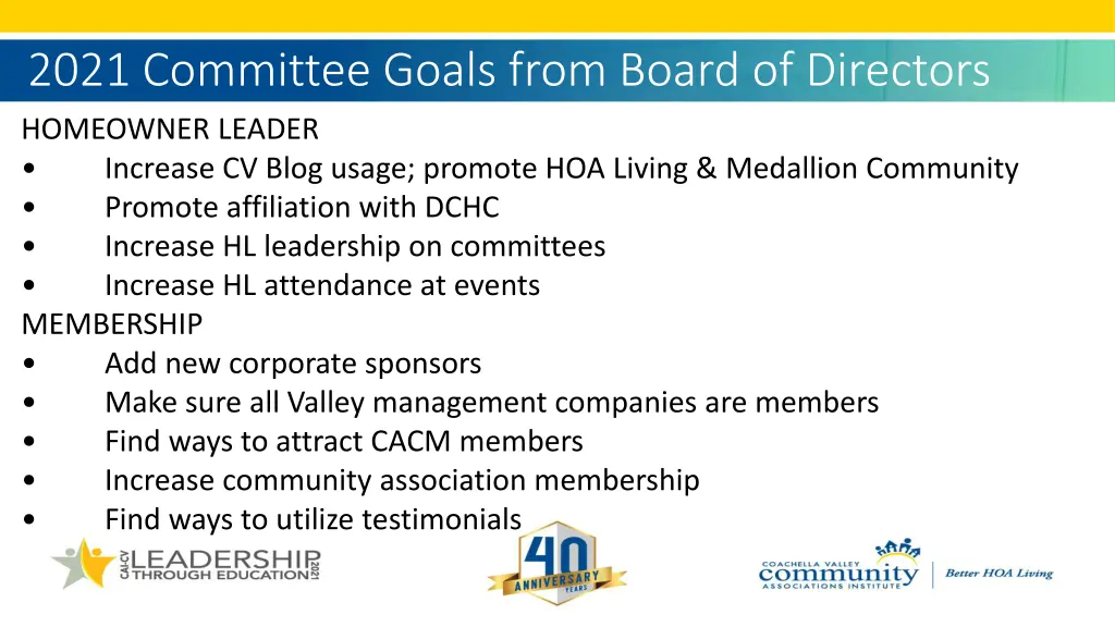 2021 committee goals from board of directors 2