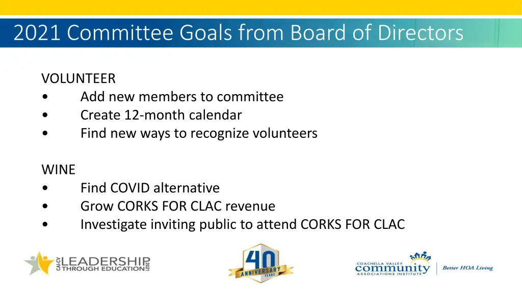 2021 committee goals from board of directors 5