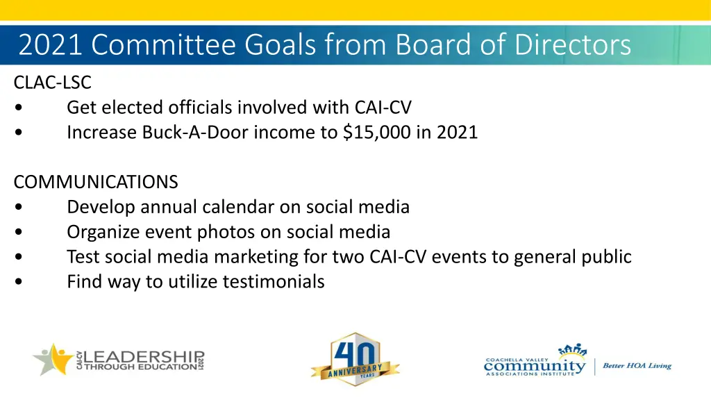 2021 committee goals from board of directors clac