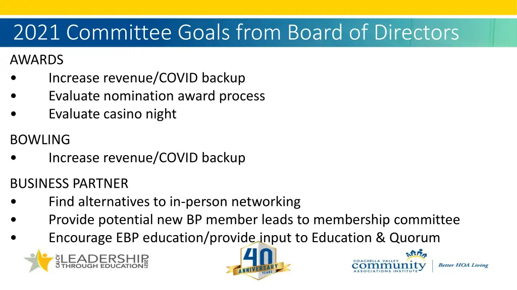 2021 committee goals from board of directors