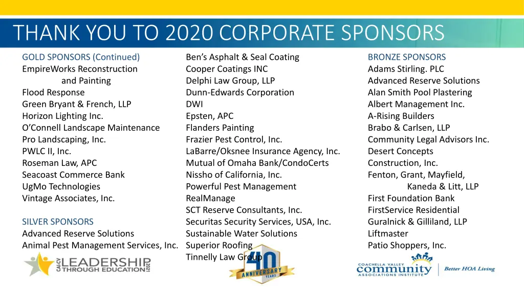 thank you to 2020 corporate sponsors