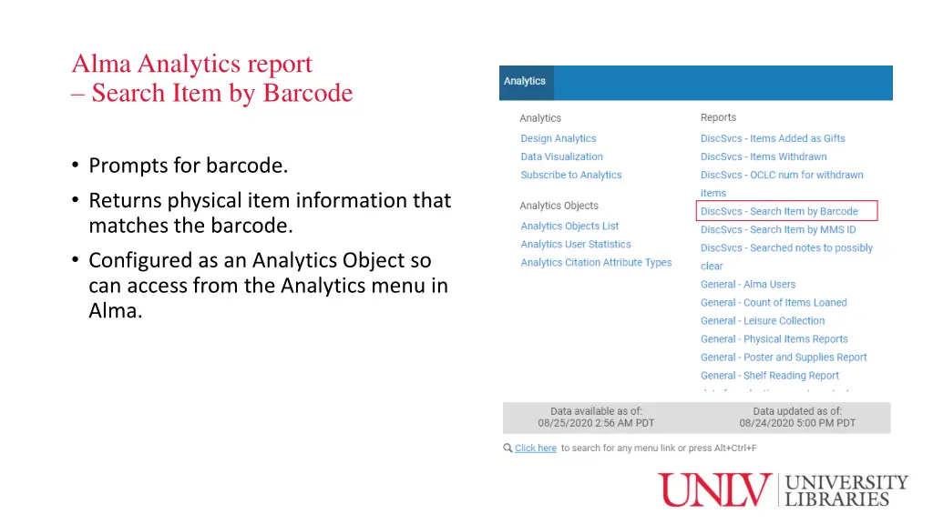 alma analytics report search item by barcode