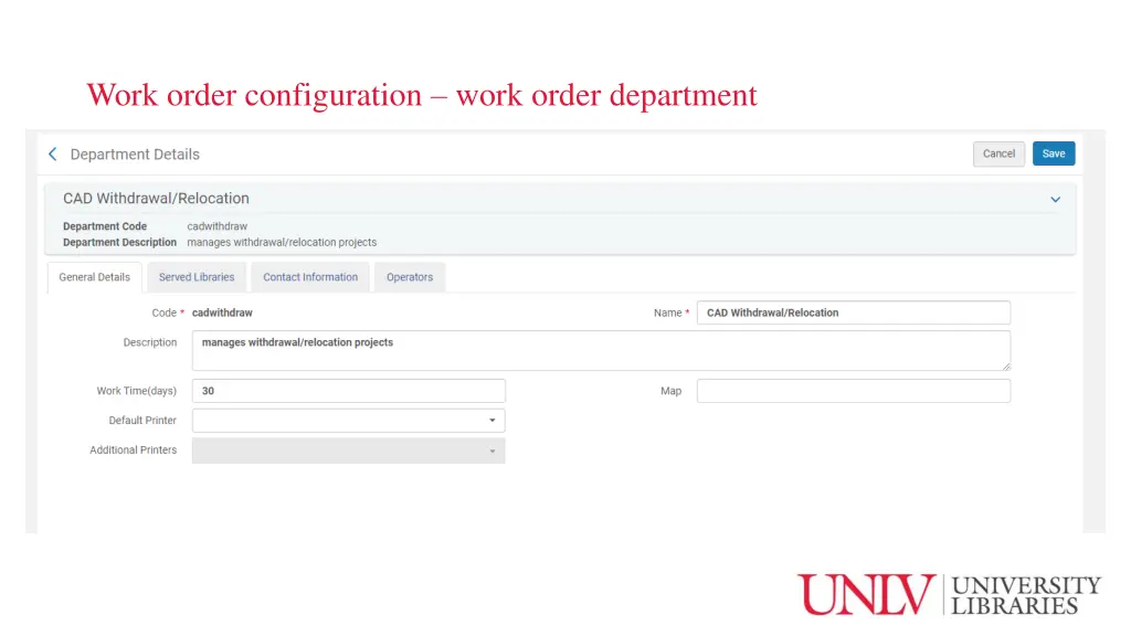 work order configuration work order department