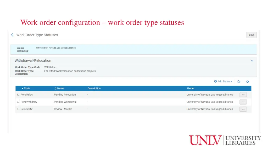 work order configuration work order type statuses