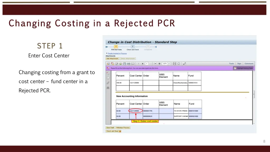 changing costing in a rejected pcr changing