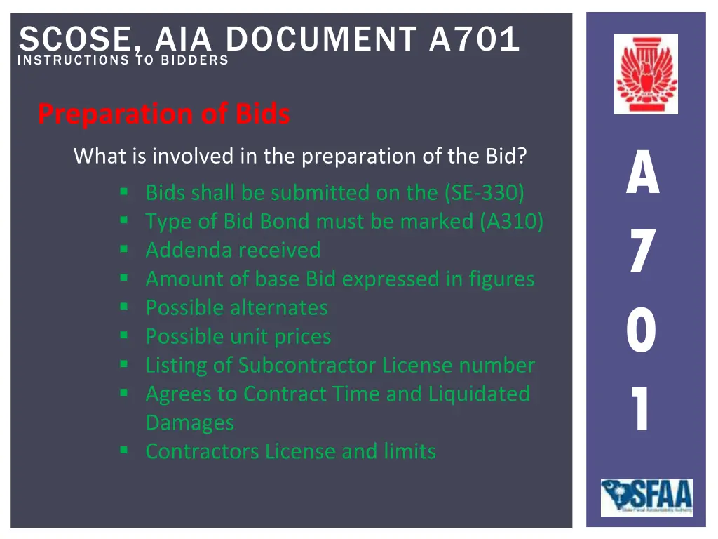 instructions to bidders scose aia document a701 15