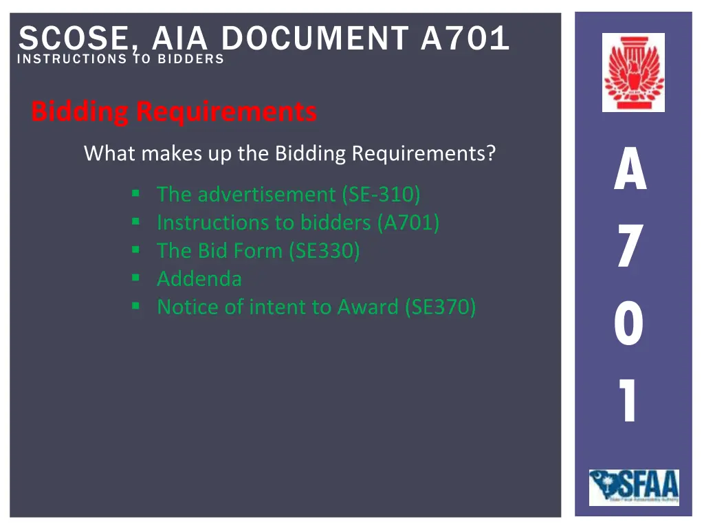 instructions to bidders scose aia document a701 3