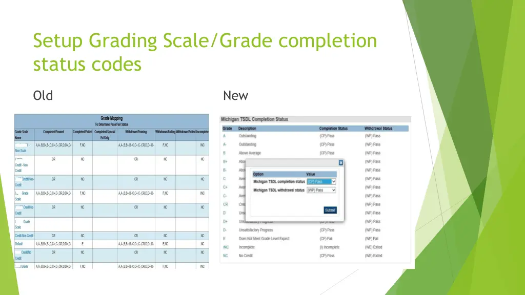 setup grading scale grade completion status codes