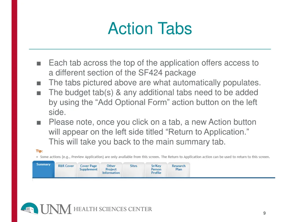 action tabs